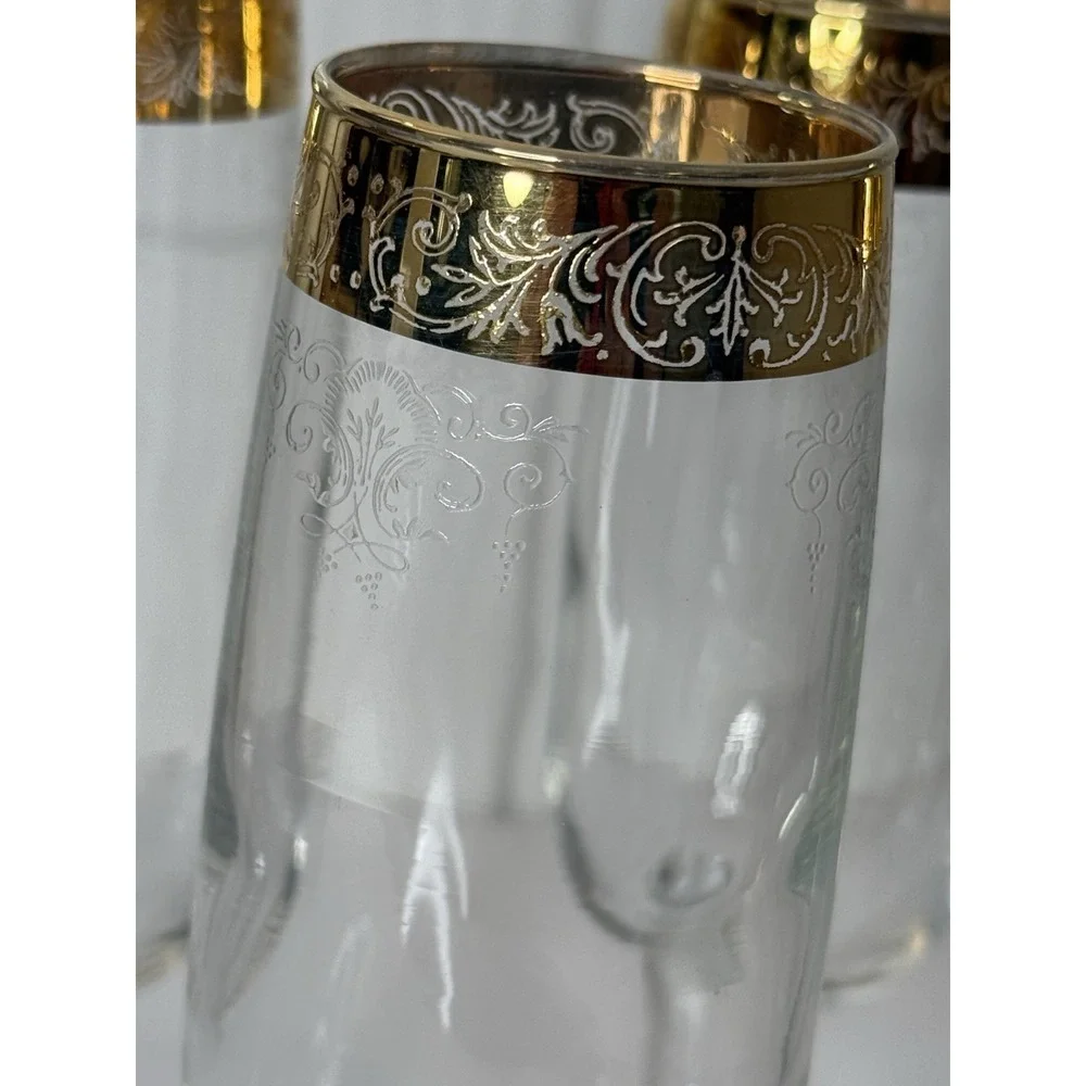 VTG Cellini Italian Crystal Champagne Flutes Wine Glass Gold Rim Set 4 Org Box
